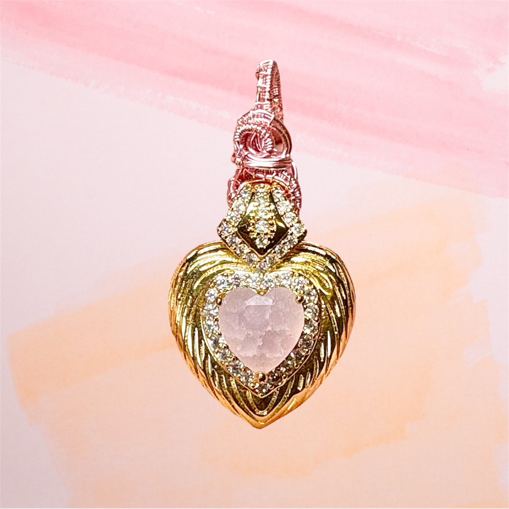 Stunning wire wrapped Gold and Pink Heart Pendant